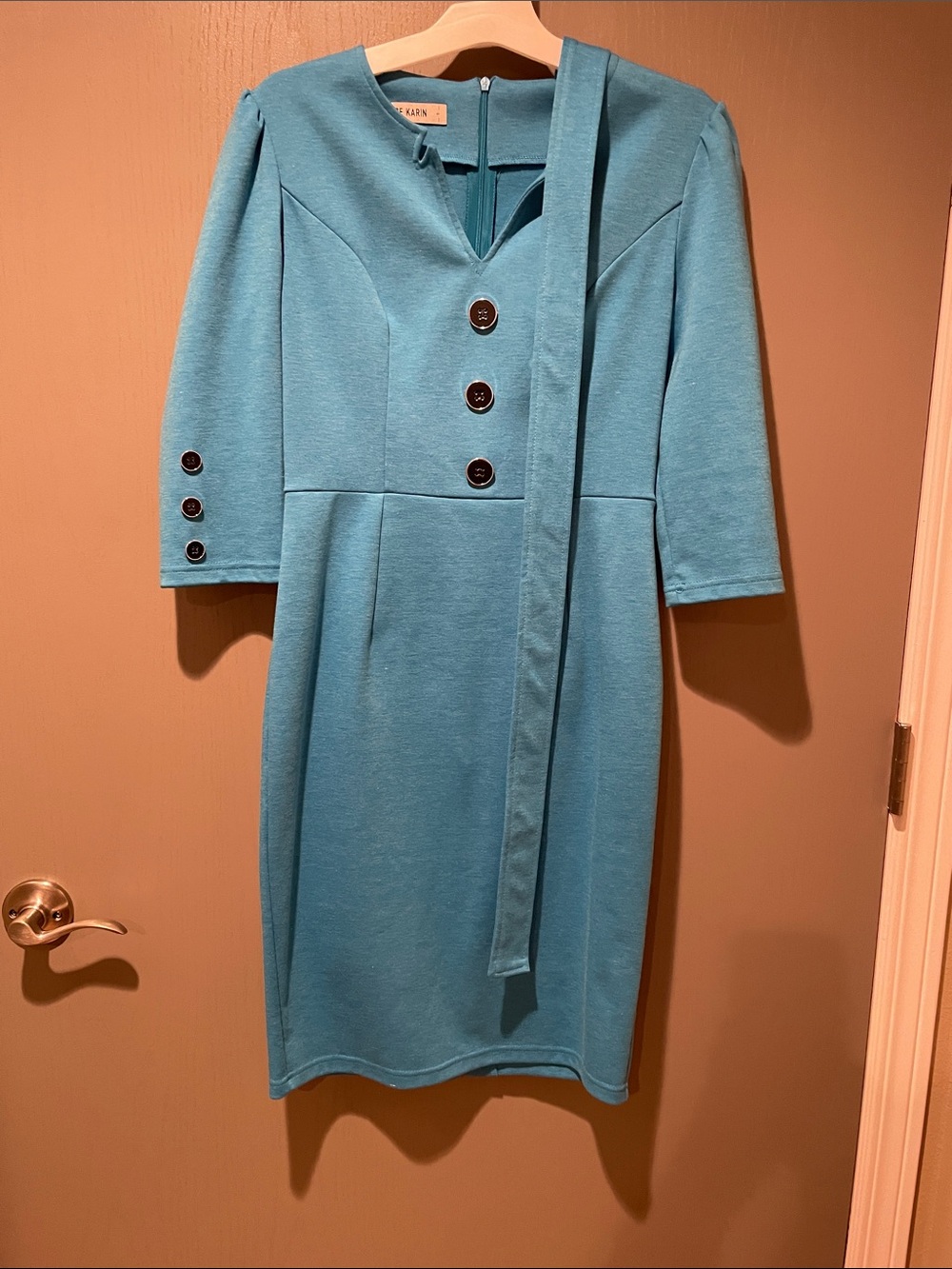 Grace Karin Teal Blue Midi Sheath Dress with Button Accents Size Small